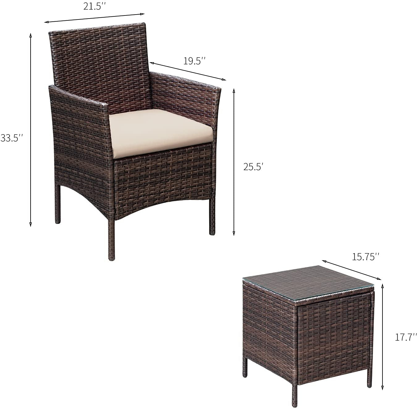 3 Pieces Patio Furniture Sets Outdoor PE Rattan Wicker Chairs with Soft Cushion and Glass Coffee Table for Garden Backyard Porch Poolside, Brown and Beige-1