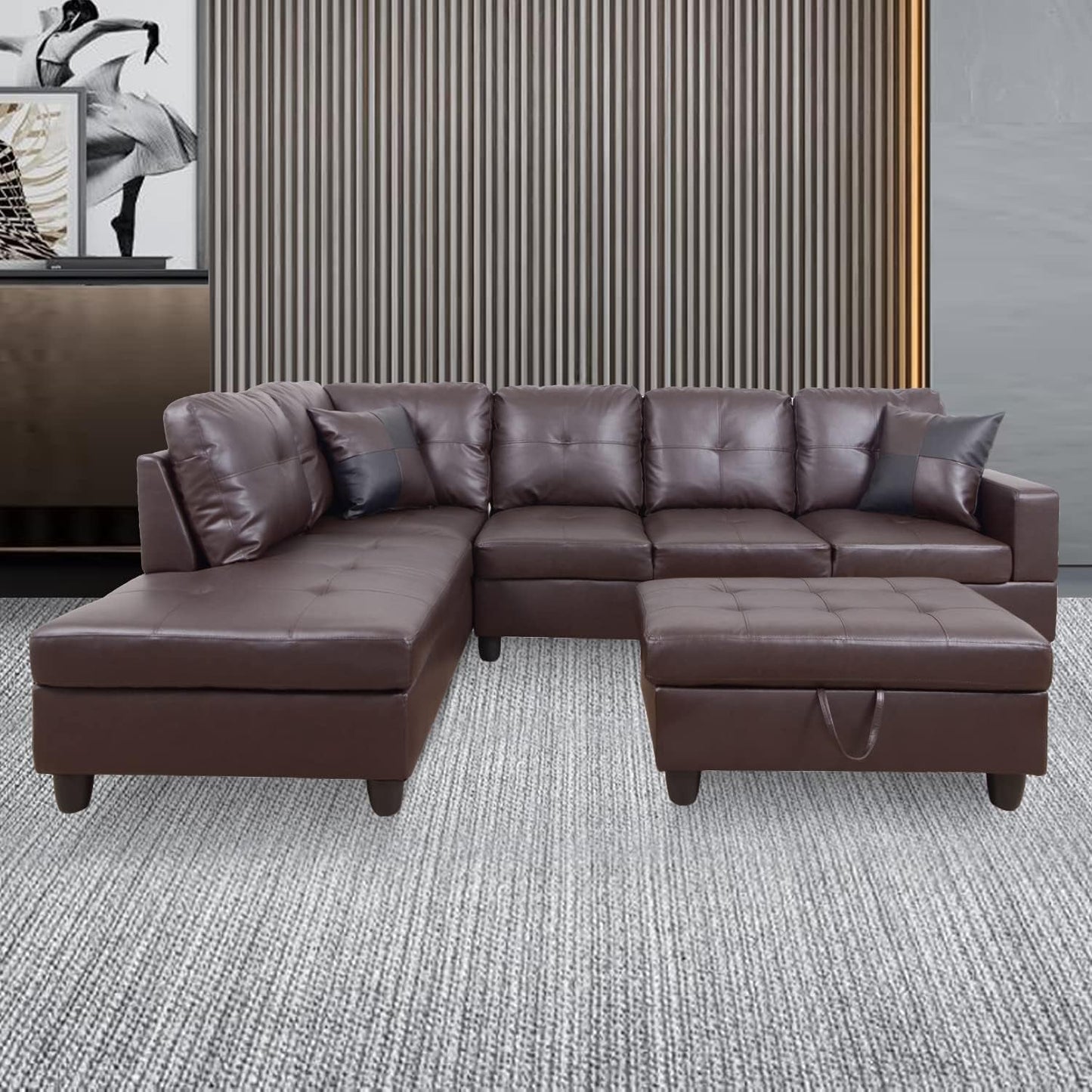 Ponliving Furniture Modern L-Shaped Leather Sectional Sofa Left Hand Facing (Brown)-0