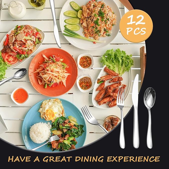 SANTUO Stainless Steel 12PCS Dinner Set combo with 4 Dinner Knives, 4 Dinner Forks, 4 Dinner Spoons,Silverware Set for Home, Kitchen and Restaurant, Mirror Polished& Dishwasher Safe