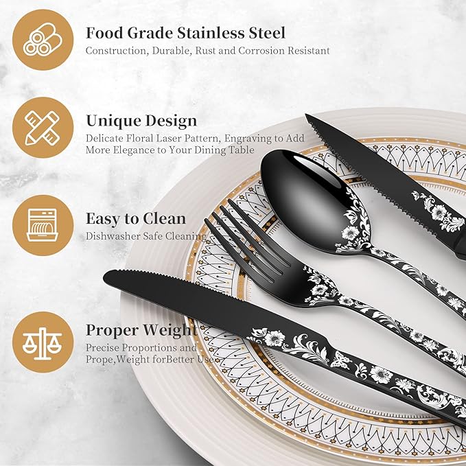 24-Piece Black Silverware Set with Steak Knife, Black Flatware Sets for 4, Stainless Steel Cutlery Set Includes Forks Knives Spoons,Unique Pattern Design,Mirror Polished and Dishwasher Safe
