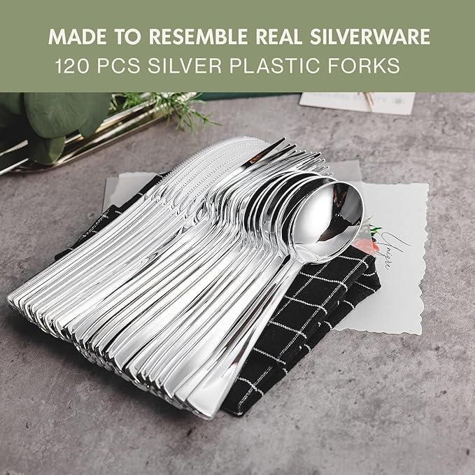 Silver Disposable Forks, 120 Count, Plastic Silverware Set, Perfect for Parties, Holiday Gatherings, Picnics, and Stocking the Pantry