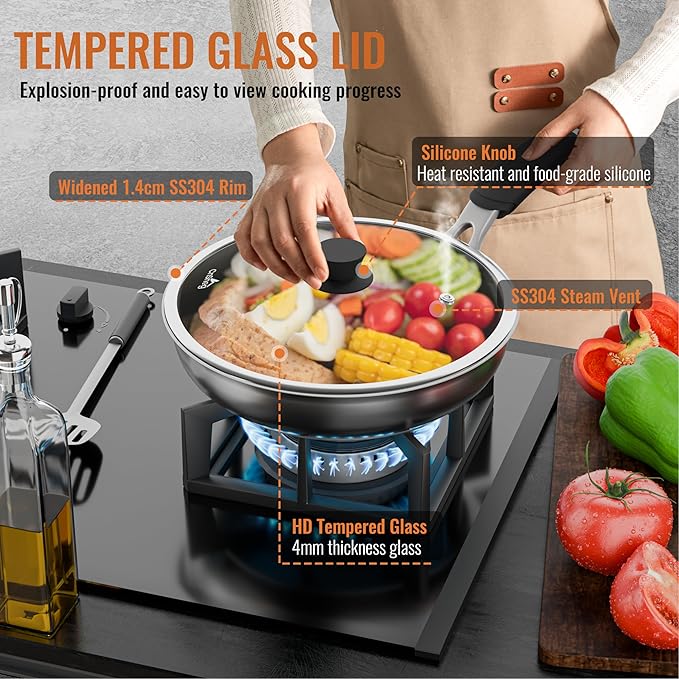 12 Inch Pan Lid For Pots Pans and Skillets, Cast Iron Skillet Lid, Large Tempered Glass Frying Pan Lids/Pot Cover Replacement, Crock Pot Lid with Wide Stainless Steel Rim, Cookware Pot Cover