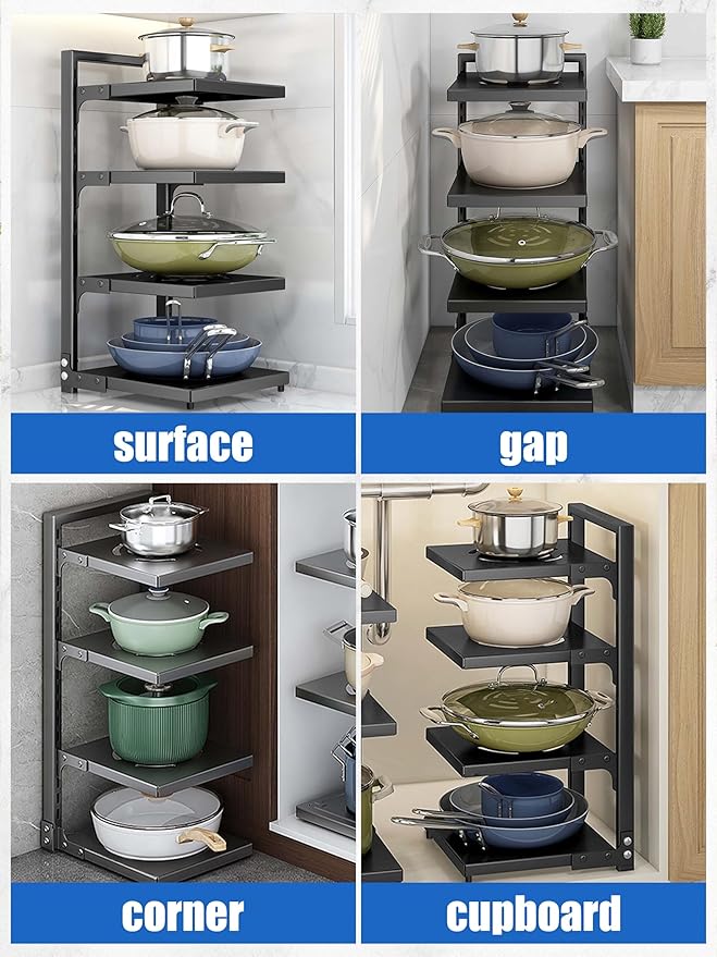 Caliee Pot Organizers Inside Cabinet, Heavy Duty Pot Pan Rack Organizer with 4-Tiers, Pan Storage Organizer for Under Cabinet Applicable to Kitchen Storage (Black)