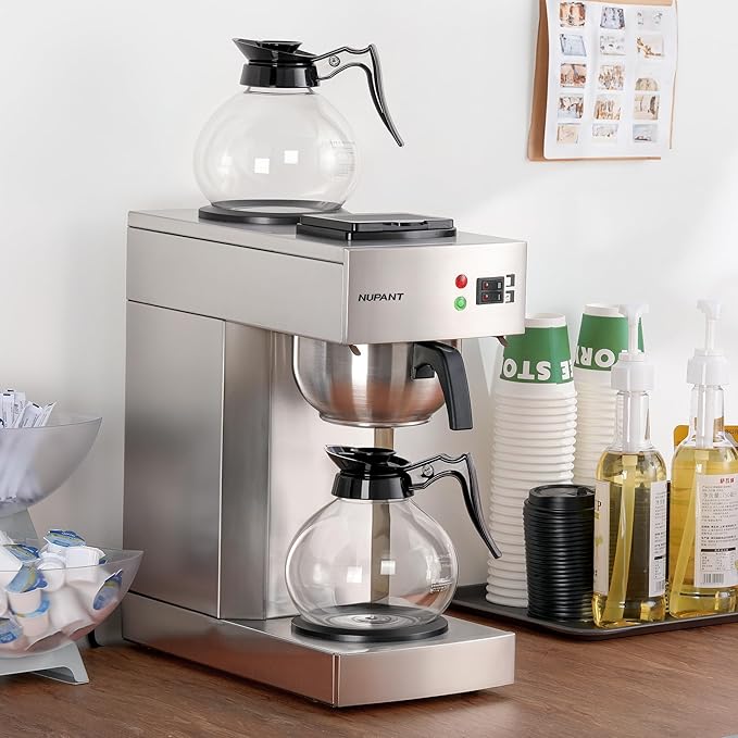 12-Cup Coffee Maker 1.8L Commercial Drip Coffee Maker Pour Over Coffee Machines with 2 Glass Carafes and 2 Warmers Plate Stainless Steel Coffee Brewer for Cofe Bar