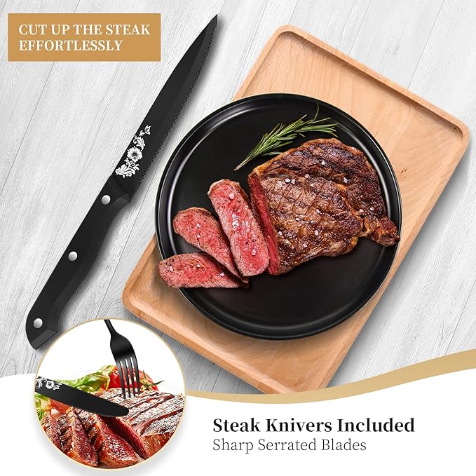 24-Piece Black Silverware Set with Steak Knife, Black Flatware Sets for 4, Stainless Steel Cutlery Set Includes Forks Knives Spoons,Unique Pattern Design,Mirror Polished and Dishwasher Safe