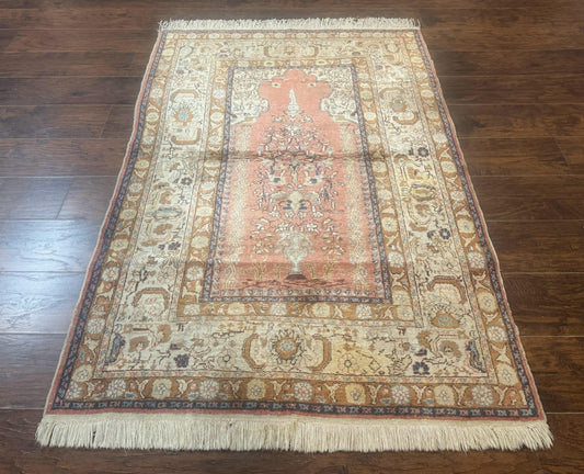 Silk Indian Kayseri Rug 4x6, Haji Jalili Design, Vintage Rug-0