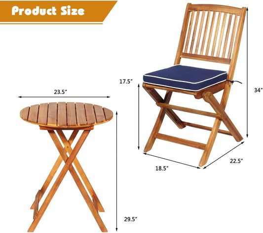 3Pcs Patio Bistro Set, Wood Folding Table Set, 2 Cushioned Chairs for Garden Yard, Outdoor Furniture round Table (Natural & Navy Blue)