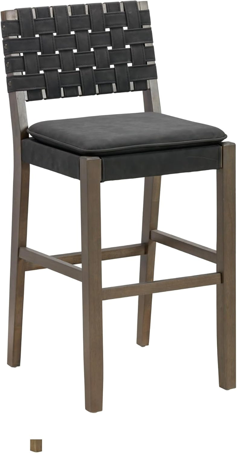 Cohen Mid-Century Modern 29 In. Wood Bar Stool, Upholstered Faux Leather Bar Height Stool with Solid Wood Frame, Black-4