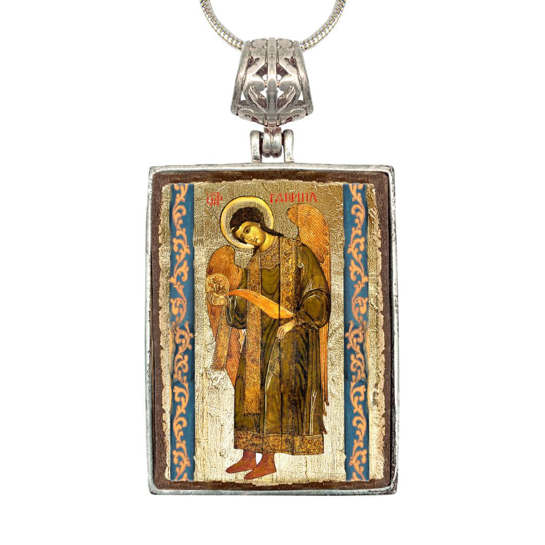 Saint Gabriel Archangel Religious Jewelry Silver Plated Necklace, Gold-Plated Wooden Cabochon - Christian Icon - Inspirational Icon Decor - 43041R