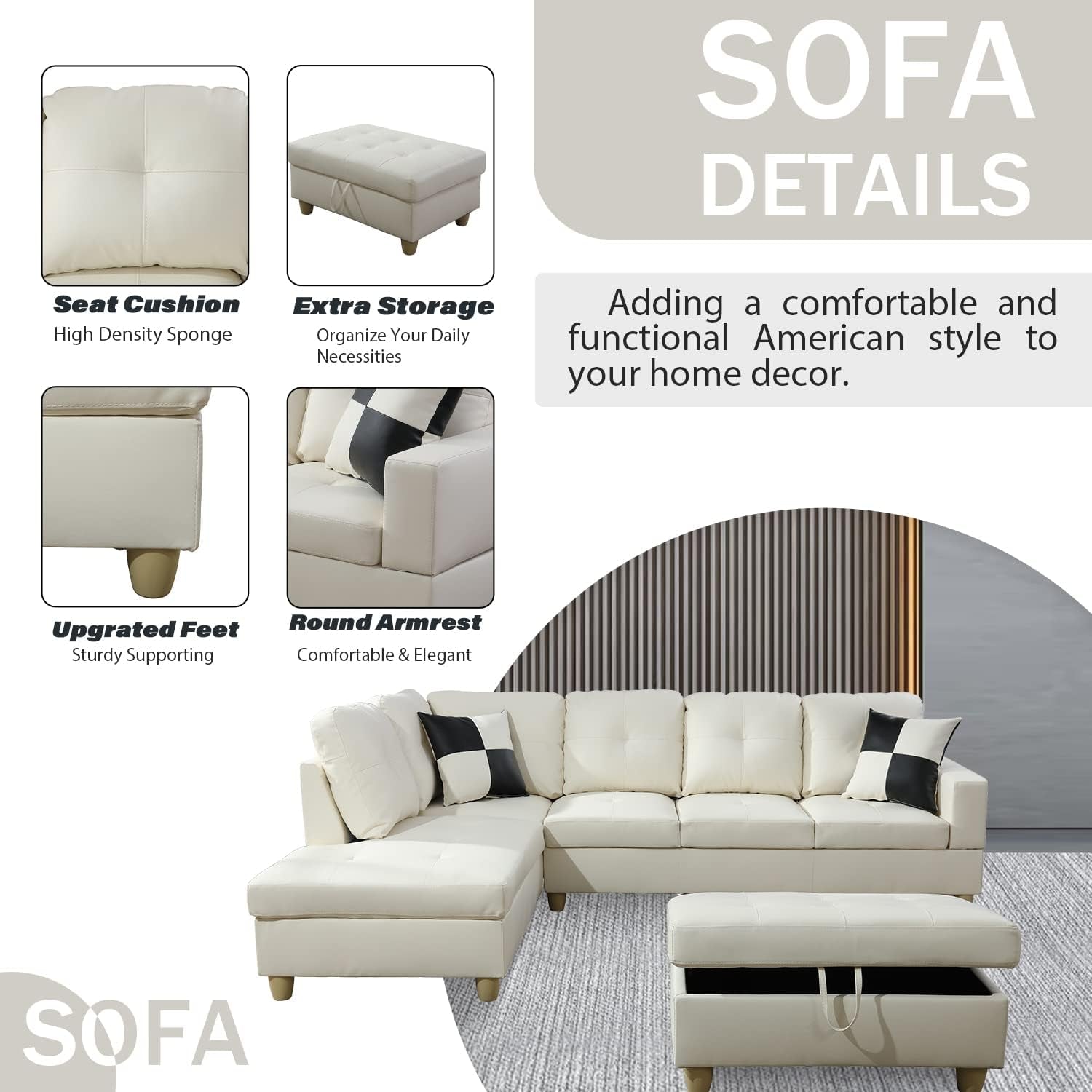 Ponliving Furniture Modern L-Shaped Leather Sectional Sofa Left Hand Facing (White)-4