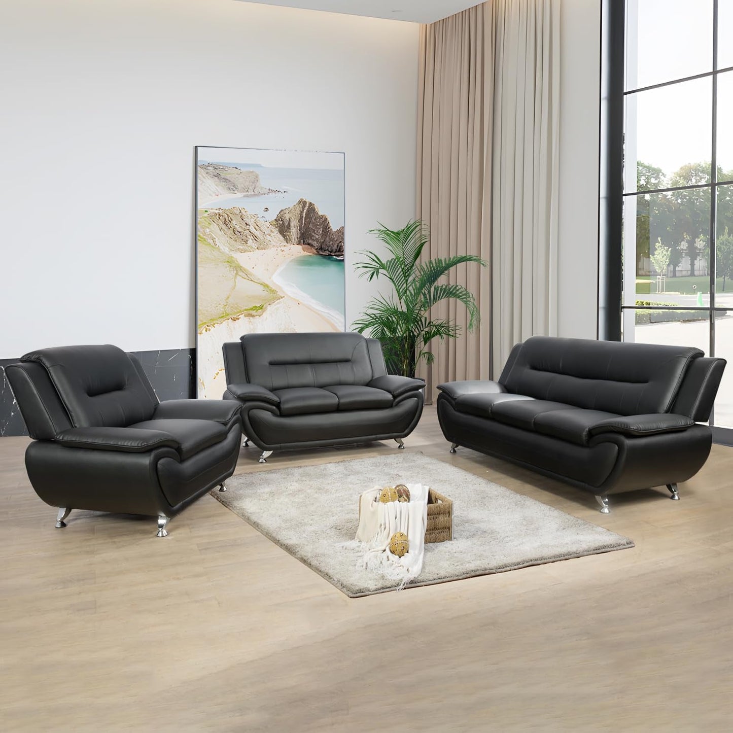 Living Room Furniture Set, Faux Leather Sofa Couch Set, 3 Pieces Modern Sofa Set for Living Room/Apartment/Office (Black)