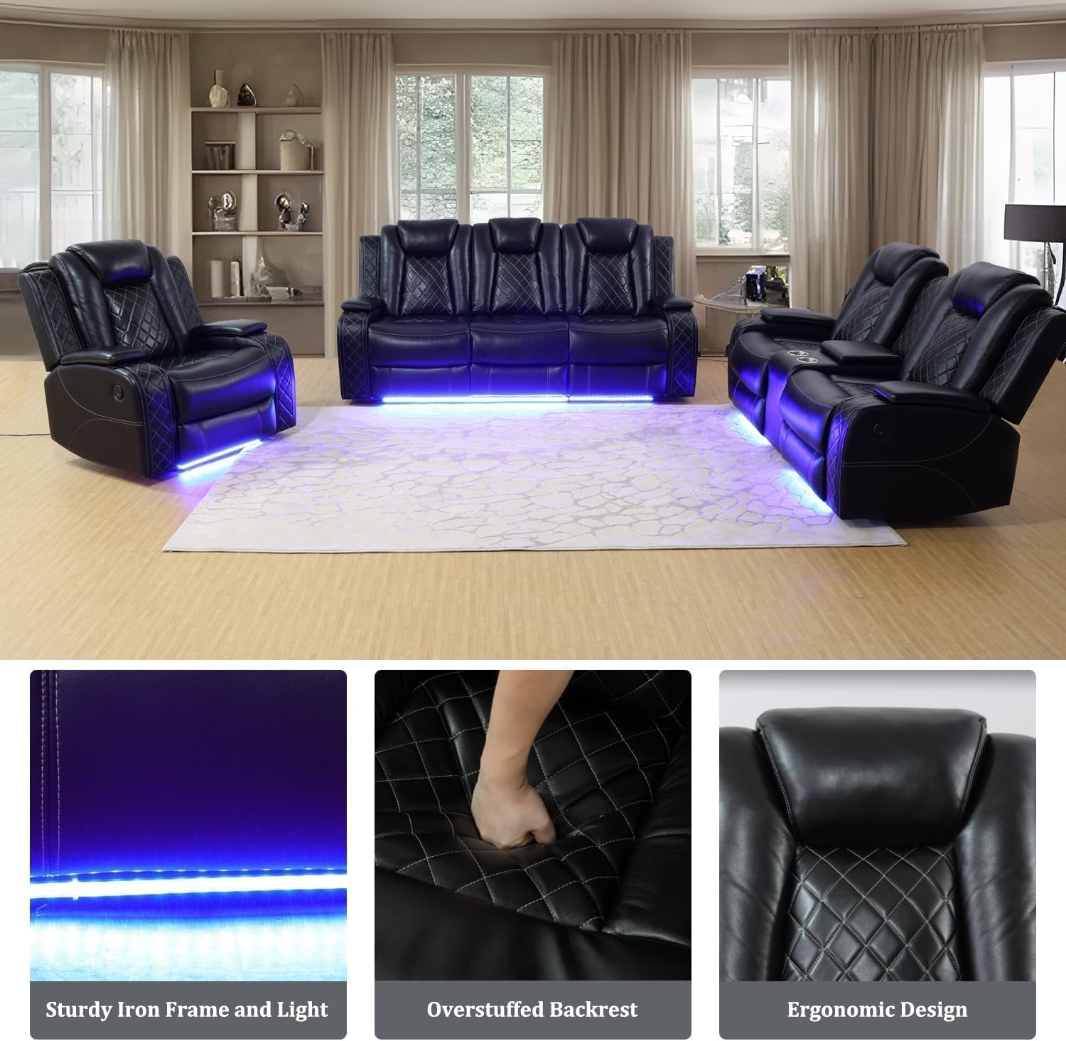 Power Recliner Sofa Set with LED, Leather Reclining Sofa Set, Living Room Furniture Set with USB Charging (Black)-2