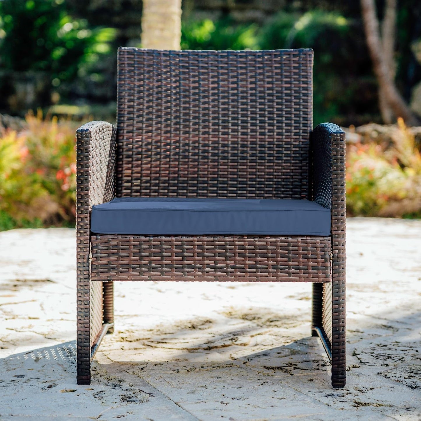 Wicker Outdoor Furniture Set - 3 Piece Patio Bistro Set (Brown/Navy)