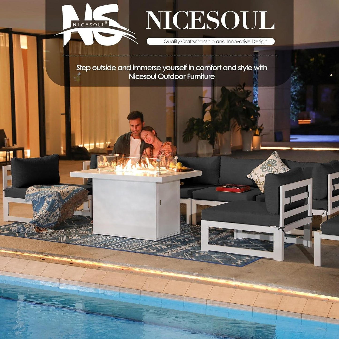 ® Modern Large White Aluminum Outdoor Patio Furniture Set with Propane/Natural Gas Fire Pit Table, 29'' Deep Wide Seating Conversation Sofa L Shaped Sectional Couch Set (6 Pieces, 5 Seats)-4