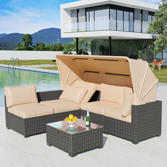 Outdoor Daybed with Canopy,6 Pieces Patio Furniture Sets Adjustable Backrest PE Gradient Wicker Sectional Furniture Set with Tempered Glass Side Table