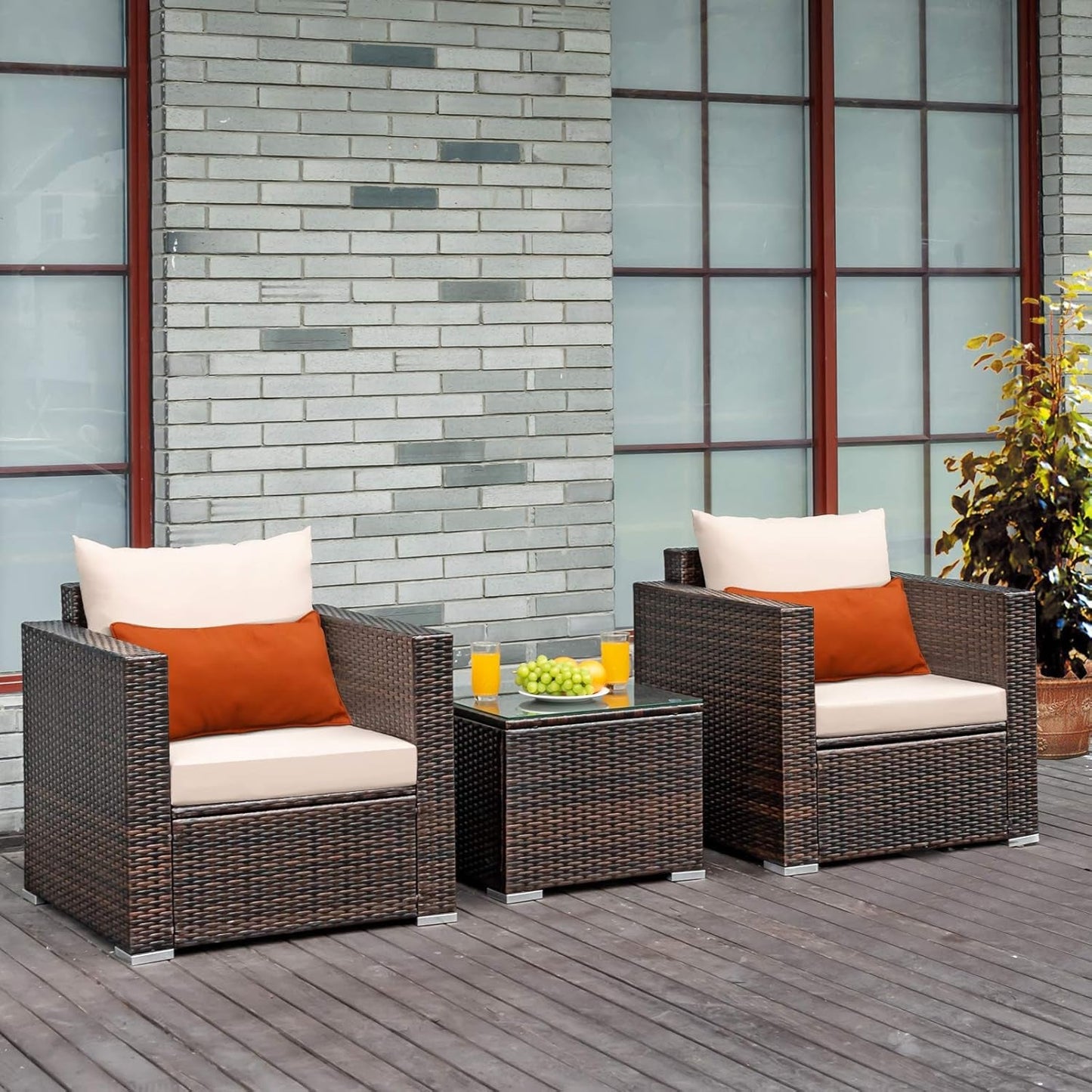 3 Pieces Patio Furniture Set, Outdoor Conversation Rattan Furniture Set W/Washable Cushion and Tempered Glass Tabletop, PE Rattan Wicker Sofa Set for Garden Poolside Balcony-3