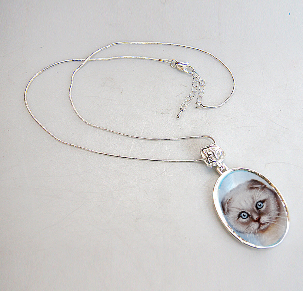 Scottish Cat Silver Plated Mother of Pearl Jewelry Pendant Necklace - 44038O-1