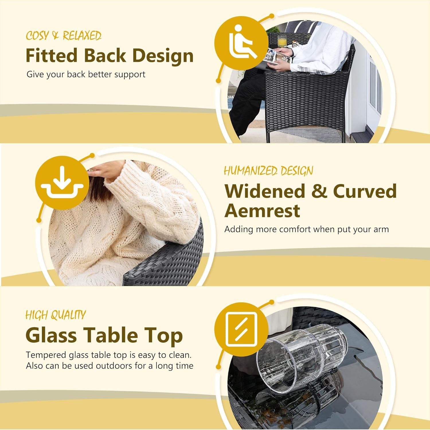 Outdoor Patio Loveseat Modern Rattan 2-Seat Patio Conversation Set with Cushions & Built-In Coffee Table Porch Furniture for Garden Lawn Backyard (Beige)-3