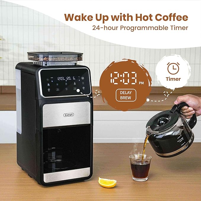 Gevi 10 Cup Drip Coffee Maker with Built-in Grinder, Grind & Brew Burr Combo Coffee Machine with Programmable, Touch Screen, 4-Hour Warm Plate, Permanent Filter