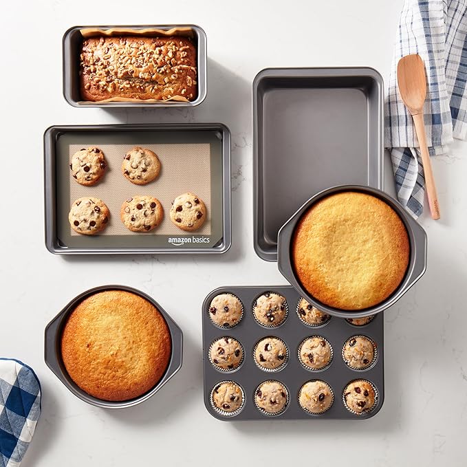 Basics 6 Piece Nonstick, Carbon Steel Oven Safe Bakeware Set with Cake, Muffin, Cookie, and Loaf Pans, 6 Piece, 16.25 x 11.75 x 6.25 inches