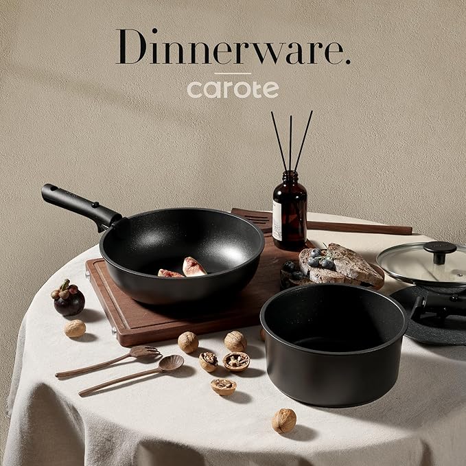 CAROTE Pots and Pans Set Non Stick, Cookware Set Detachable Handle, Nonstick Induction Kitchen Sets Non Stick with Removable Handle, RV Cook Ware, Oven Safe, Black
