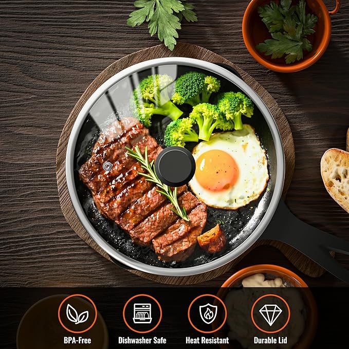 12 Inch Pan Lid For Pots Pans and Skillets, Cast Iron Skillet Lid, Large Tempered Glass Frying Pan Lids/Pot Cover Replacement, Crock Pot Lid with Wide Stainless Steel Rim, Cookware Pot Cover