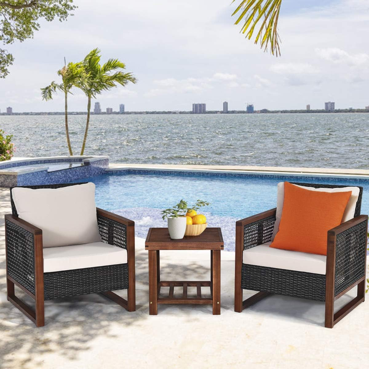 3 Pieces Patio Wicker Furniture Set, Rattan Outdoor Sofa Set W/Washable Cushion & Acacia Wood Coffee Table, Conversation Bistro Set for Garden Balcony Backyard (Beige)-3