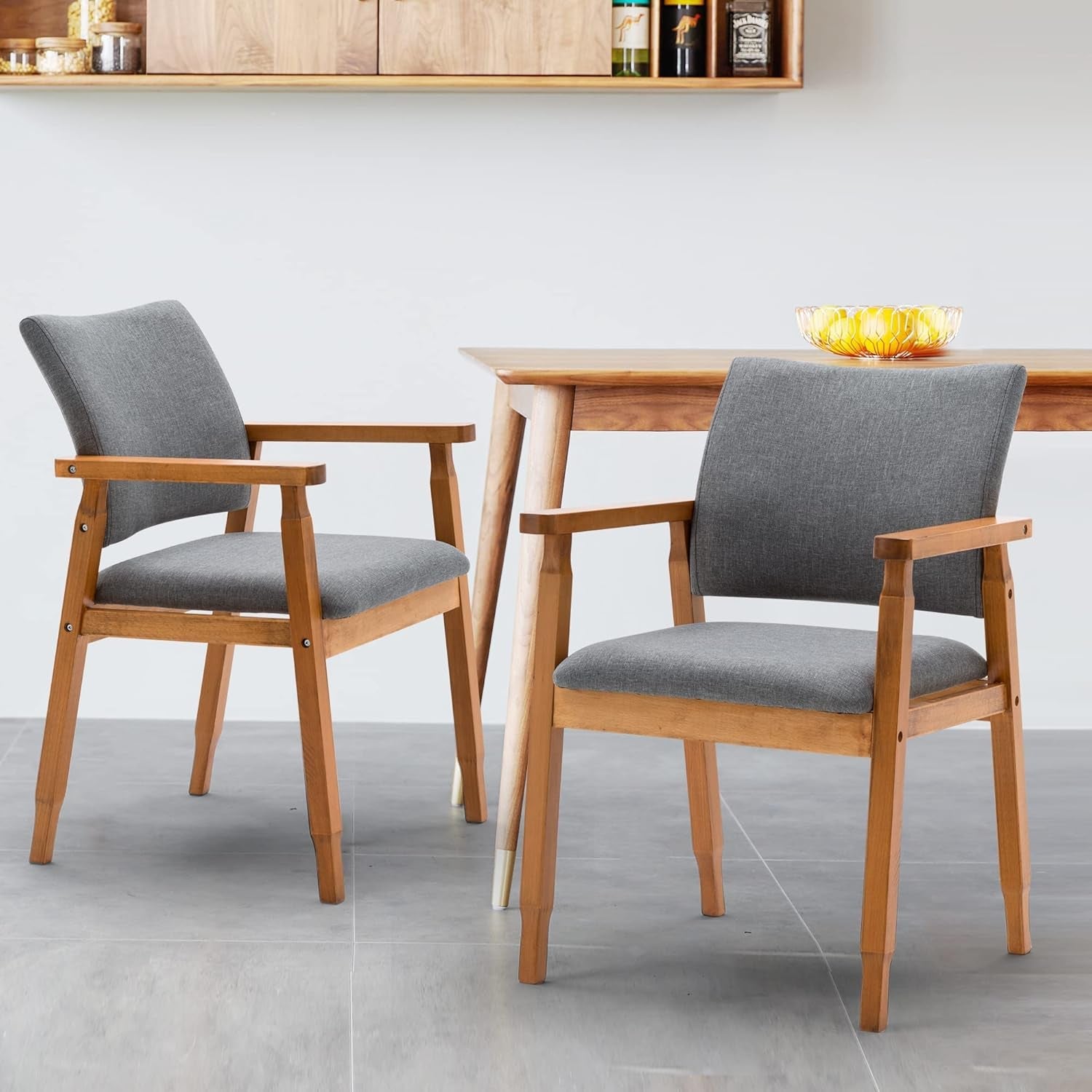 Set of 2 Mid Century Modern Walnut Dining Chairs Wood Arm Grey Fabric Kitchen Cafe Living Room Decor Furniture-0