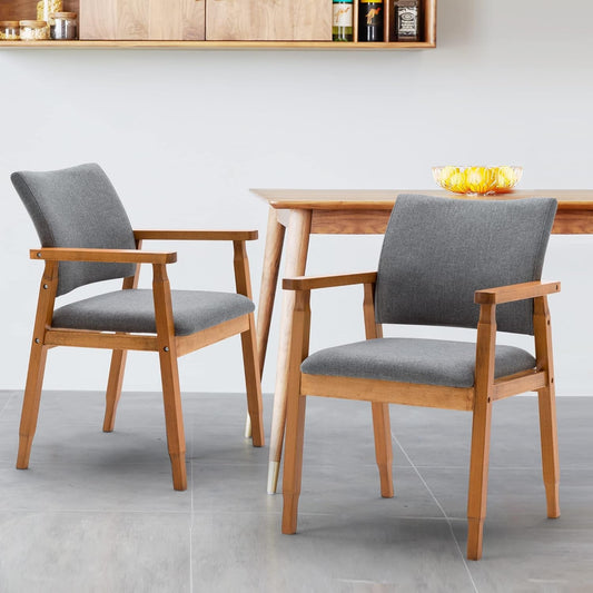 Set of 2 Mid Century Modern Walnut Dining Chairs Wood Arm Grey Fabric Kitchen Cafe Living Room Decor Furniture-0