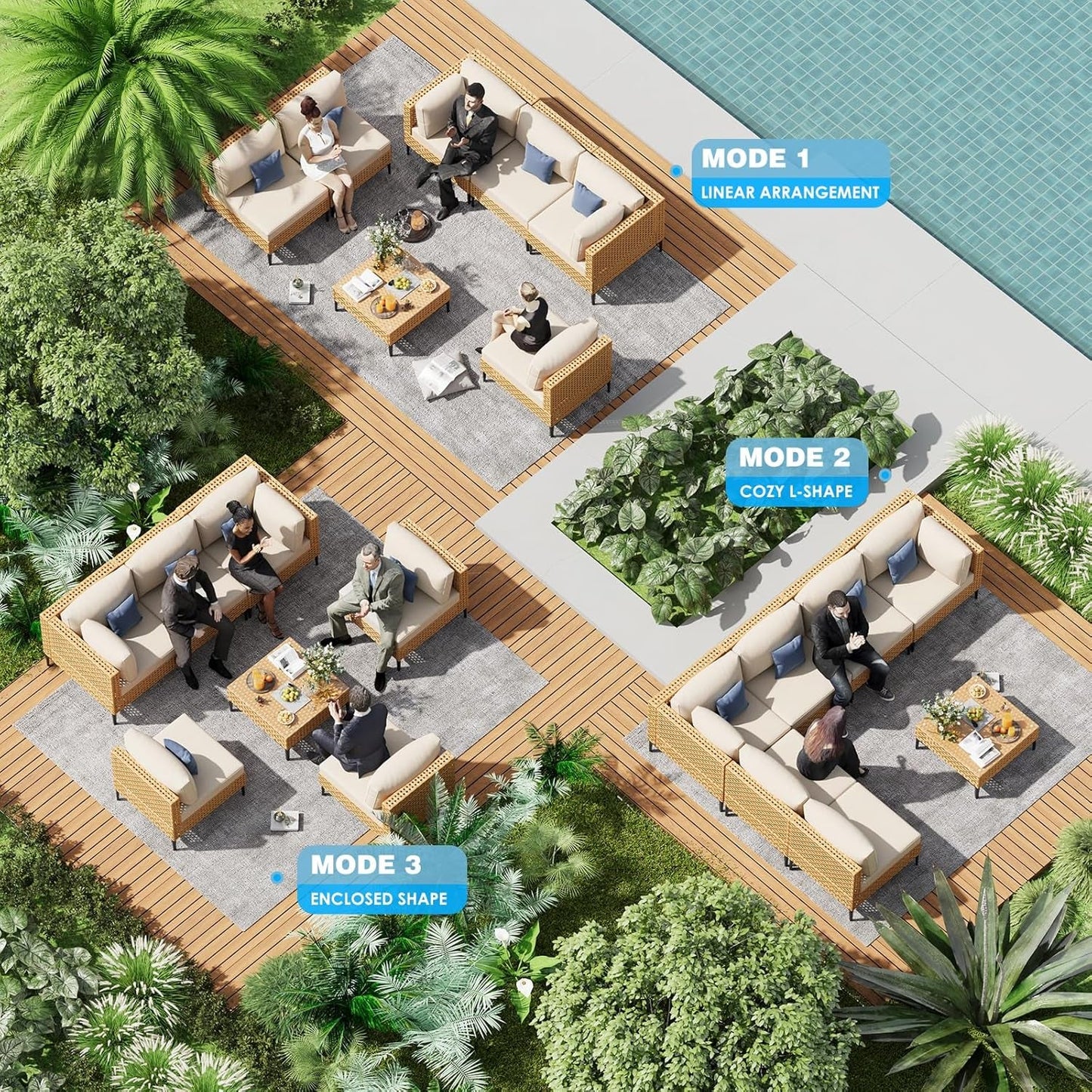 Paito Furniture Set, 110" Large 7-Piece Wicker Outdoor Paito Furniture Sets with Coffee Table,Boho Patio Conversation Set Sectional Sofa with All-Weather Cushions for Backyard,Porch,Beige