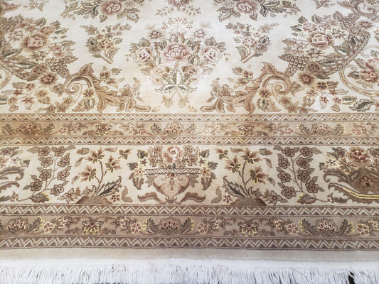 Sino Persian Rug 8x11, Ivory Floral Carpet, Vintage Wool Rug, Elegant Dining Room Rug, Hand Knotted Oriental Rug