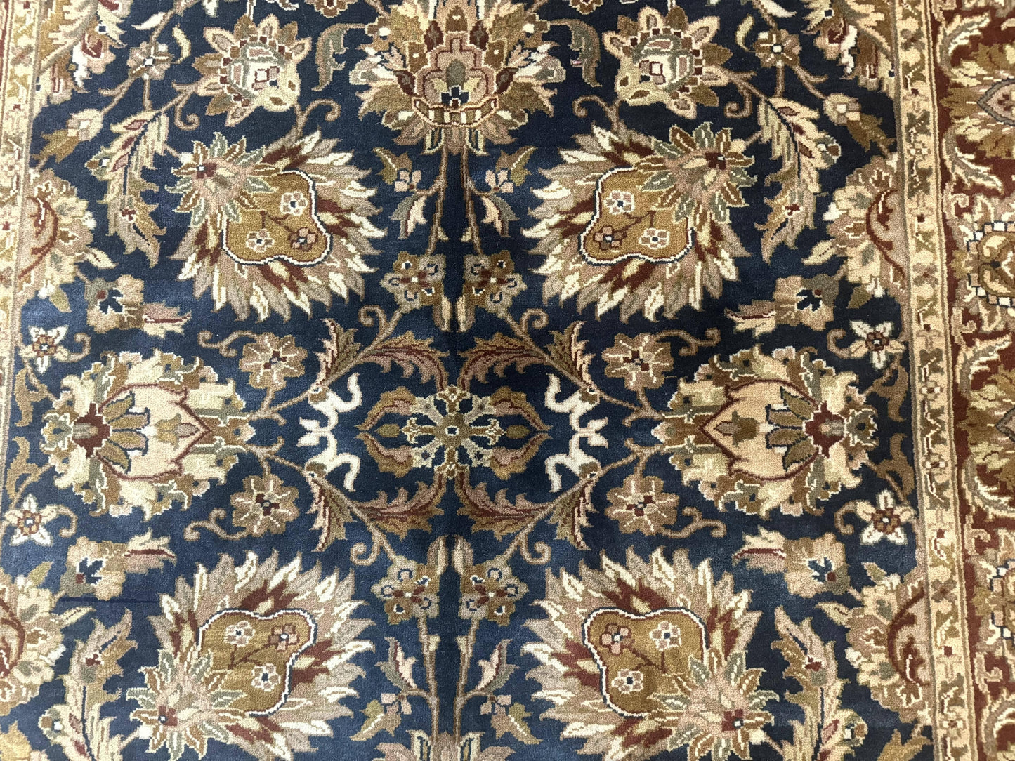 Indian Agra Rug 6x9, Floral, Traditional Rug, Dark Green Maroon Tan