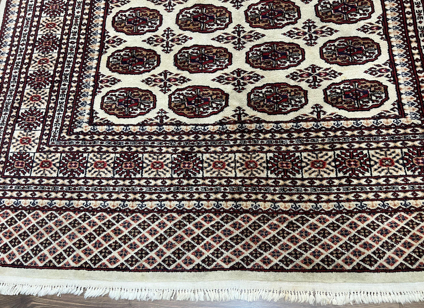 Pakistani Turkoman Rug 6x9, Cream and Red Hand Knotted Wool Oriental Carpet, Yamud Rug, Tribal Rug 6 x 9, Bohemian Area Rug, Bokhara Rug