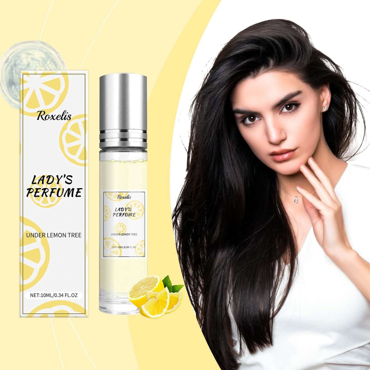 Lemon Yellow Perfume in elegant packaging with a woman, showcasing fresh citrus charm, 10ml under lemon tree.