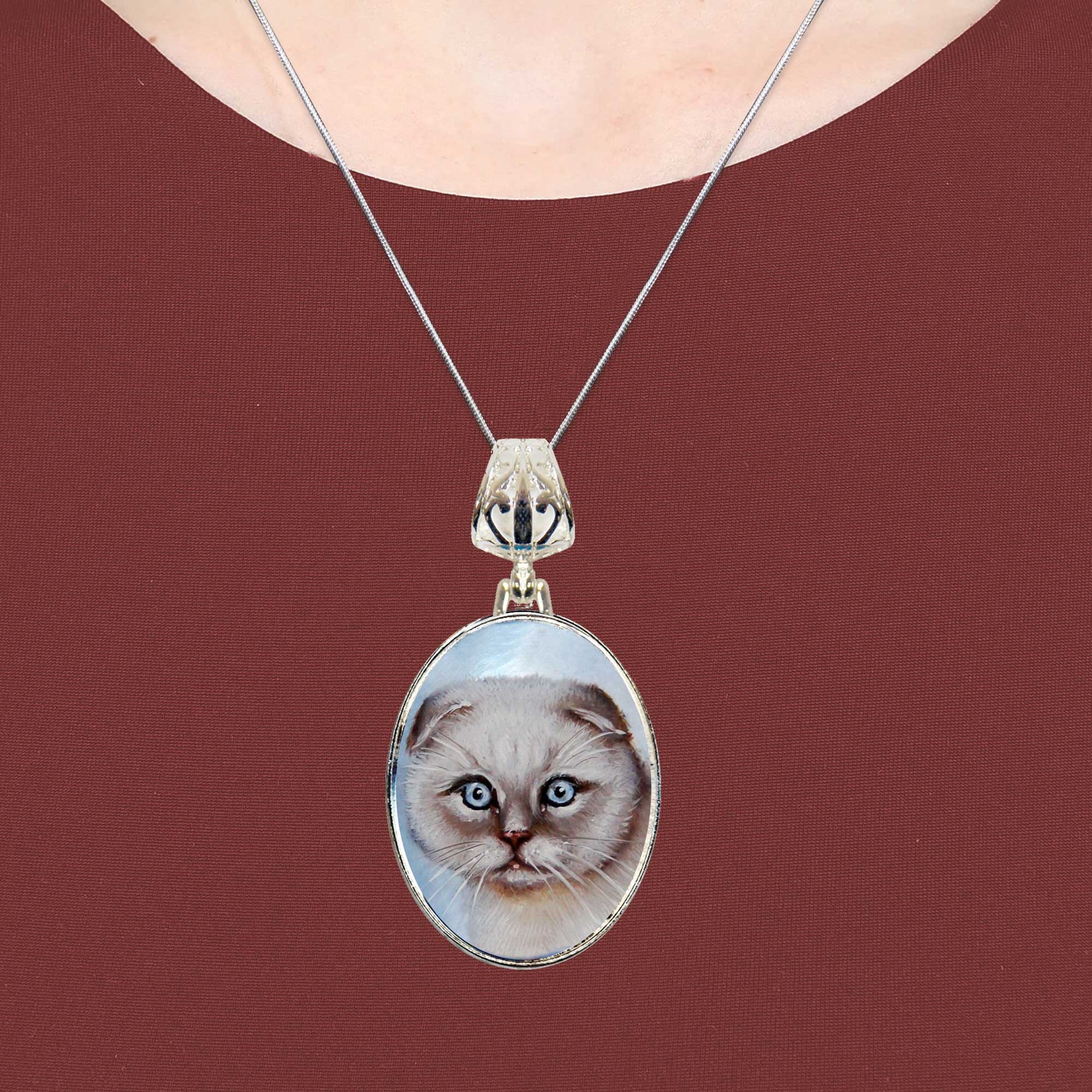 Scottish Cat Silver Plated Mother of Pearl Jewelry Pendant Necklace - 44038O-2