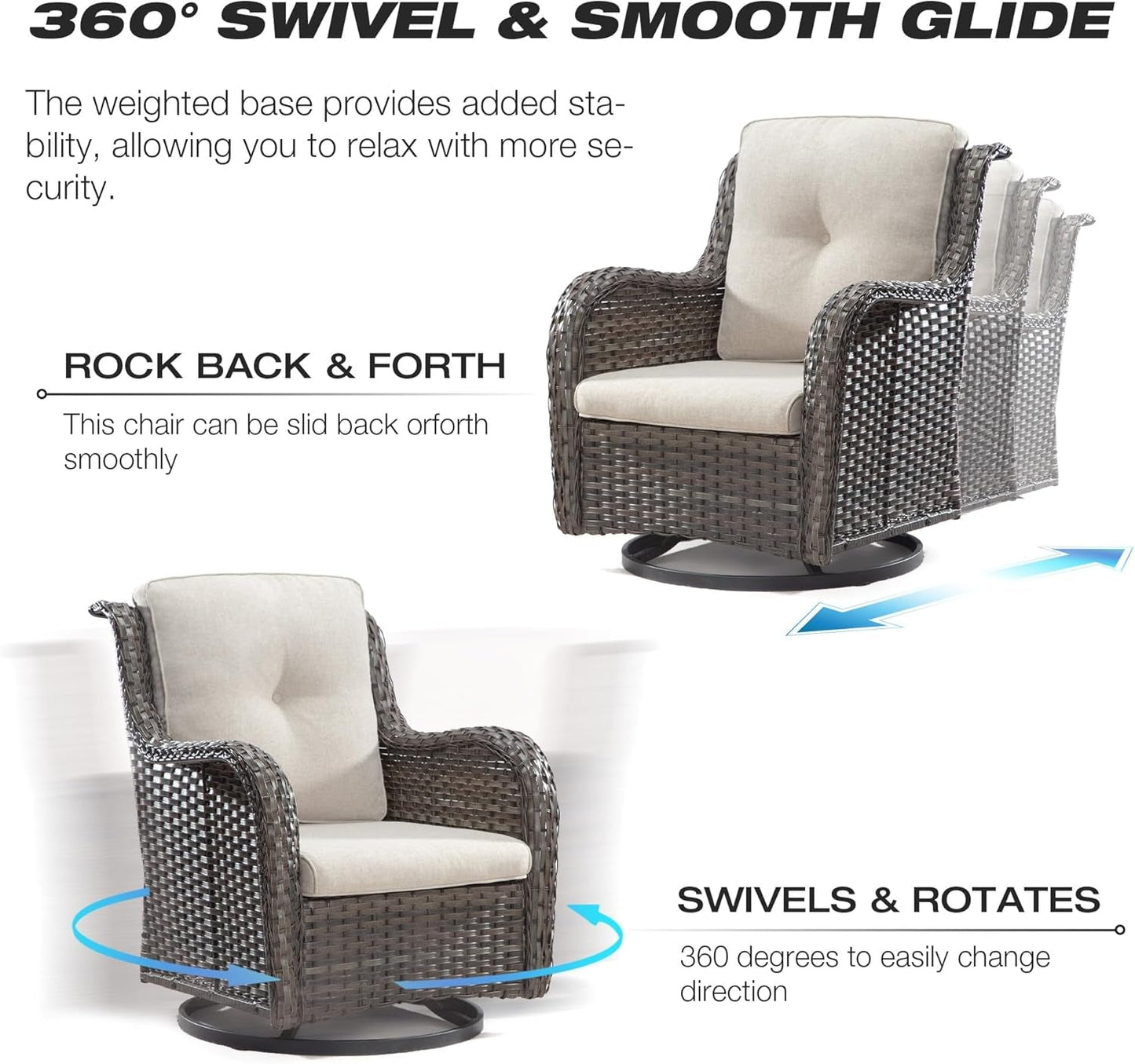 Wicker Patio Furniture Sets 8 Piece Set with 3-Seat Sofa, 2 Swivel Rocking Armchairs, 2 Armchairs, 2 Ottoman and 1 Side Table Wicker Outdoor Furniture Sectional Conversation Set, Beige