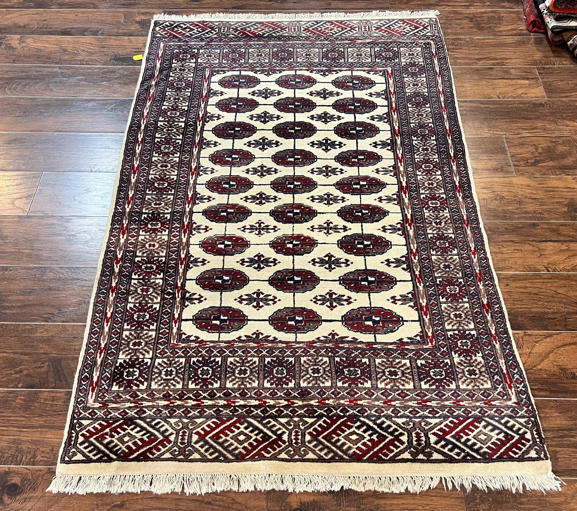 Pakistani Bokhara Rug 4x6, Turkoman Carpet, Vintage Handmade Wool Rug, Ivory-0