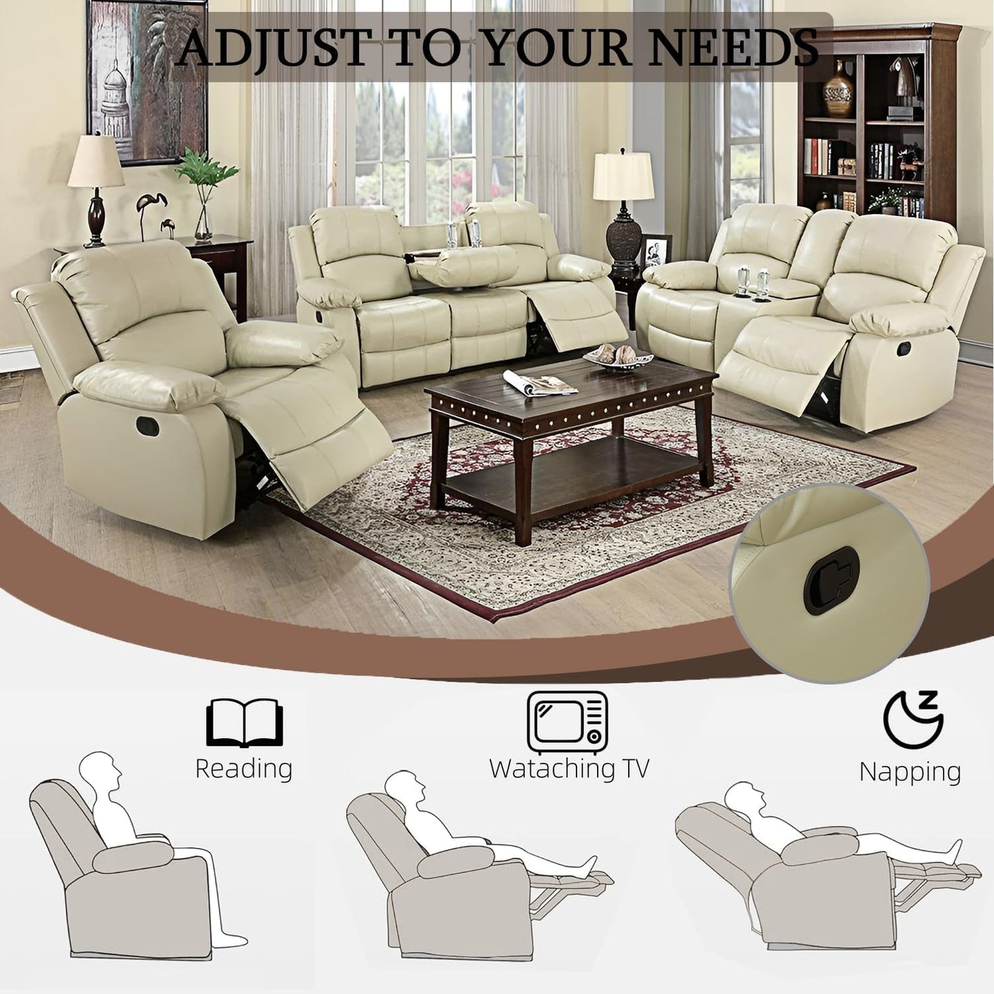 Leather Recliner Sofa Set,Leather Reclining Sofa Set for Living Room Furniture Sets,Beige Recliner Couch Set for Living Room/Office/Theater Seating(Sofa Set 3 Pieces)