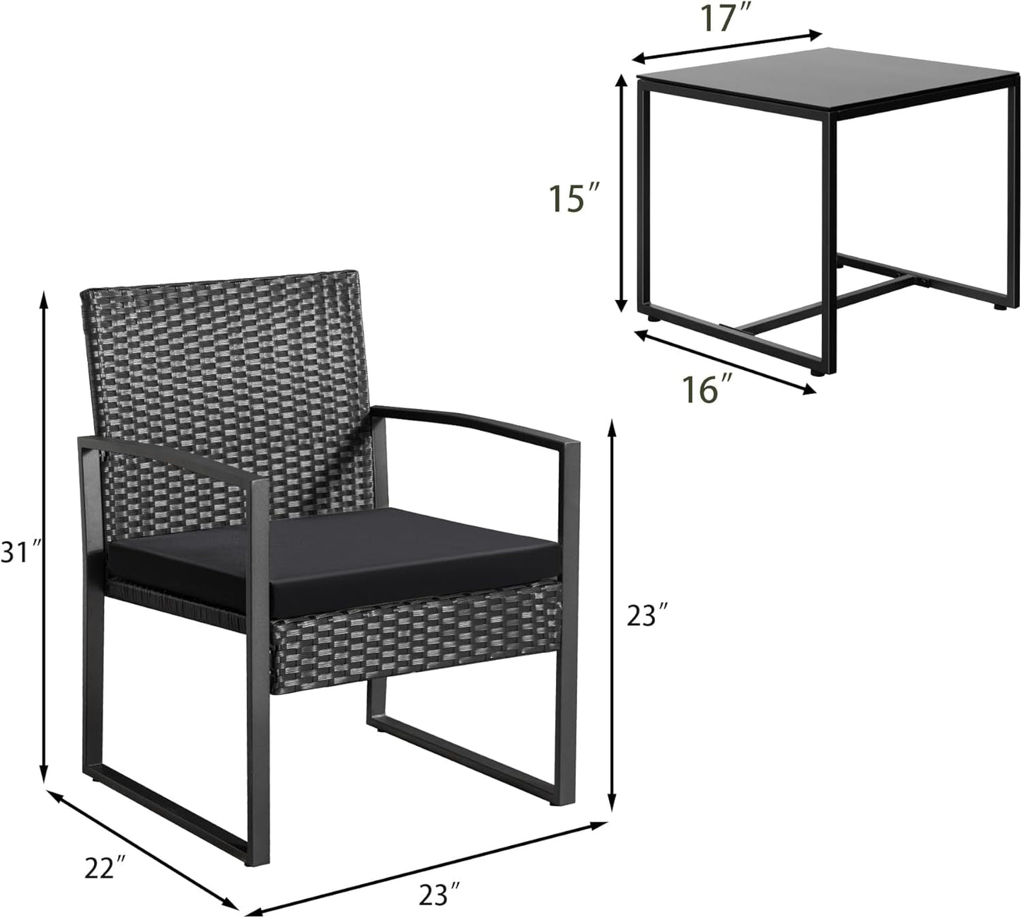3 Piece Wicker Conversation Bistro Sets Outdoor Patio Set Modern Rattan Chair Furniture Sets with Coffee Table for Yard Garden Porch Lawn (Black)-3