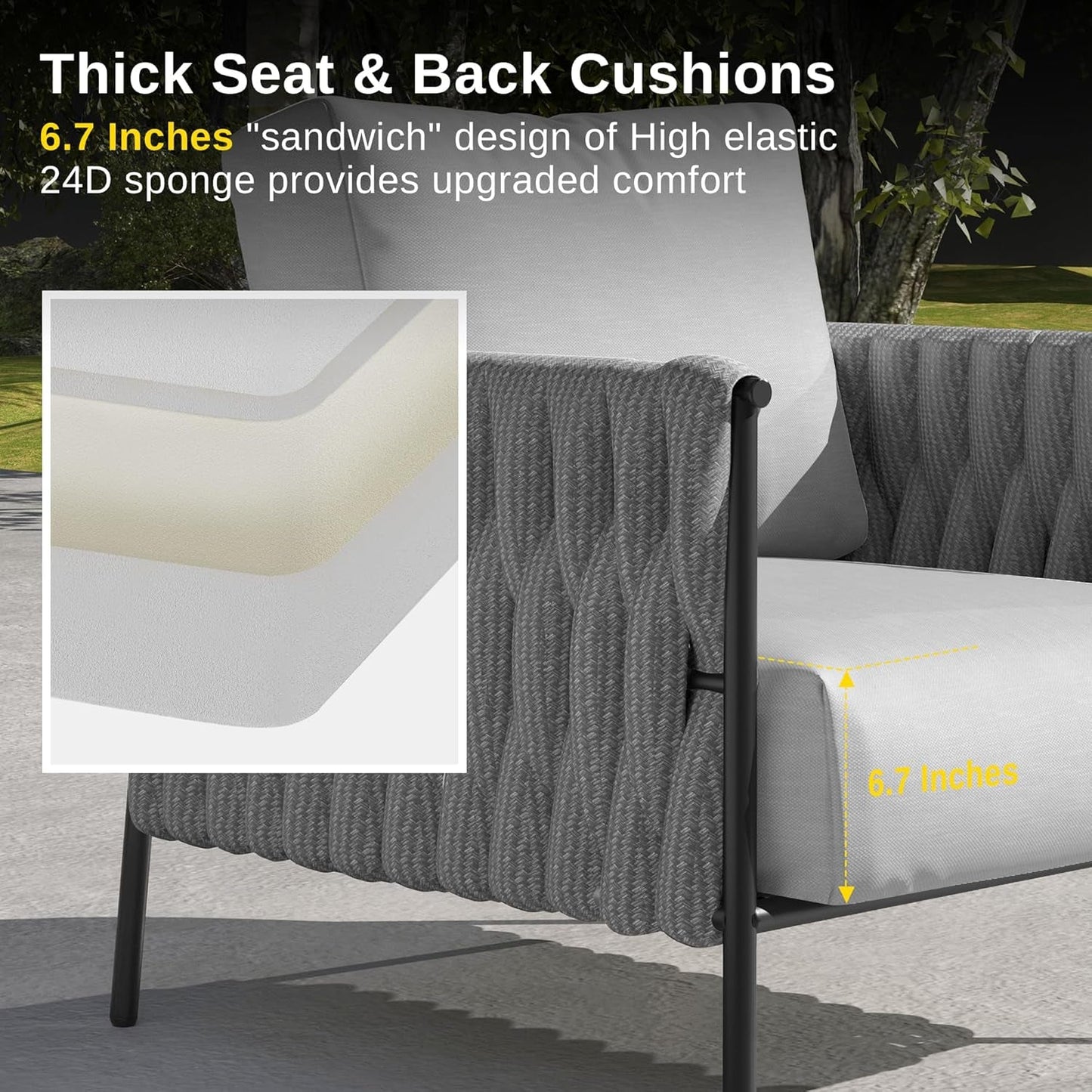 3 Pieces Patio Furniture Set, Armchairs with Coffee Table, Outdoor Furniture Set with Cushion, Modern Outdoor Furniture Deep Seating for Outdoor Garden Porch, Earth Black & Misty Grey