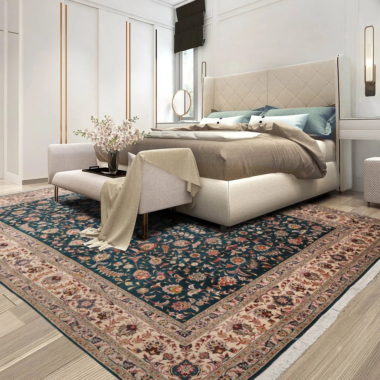 10x14 Hand Knotted Wool and Silk Traditional Tabriz 400 KPSI Oriental Area Rug Teal, Beige Color-0