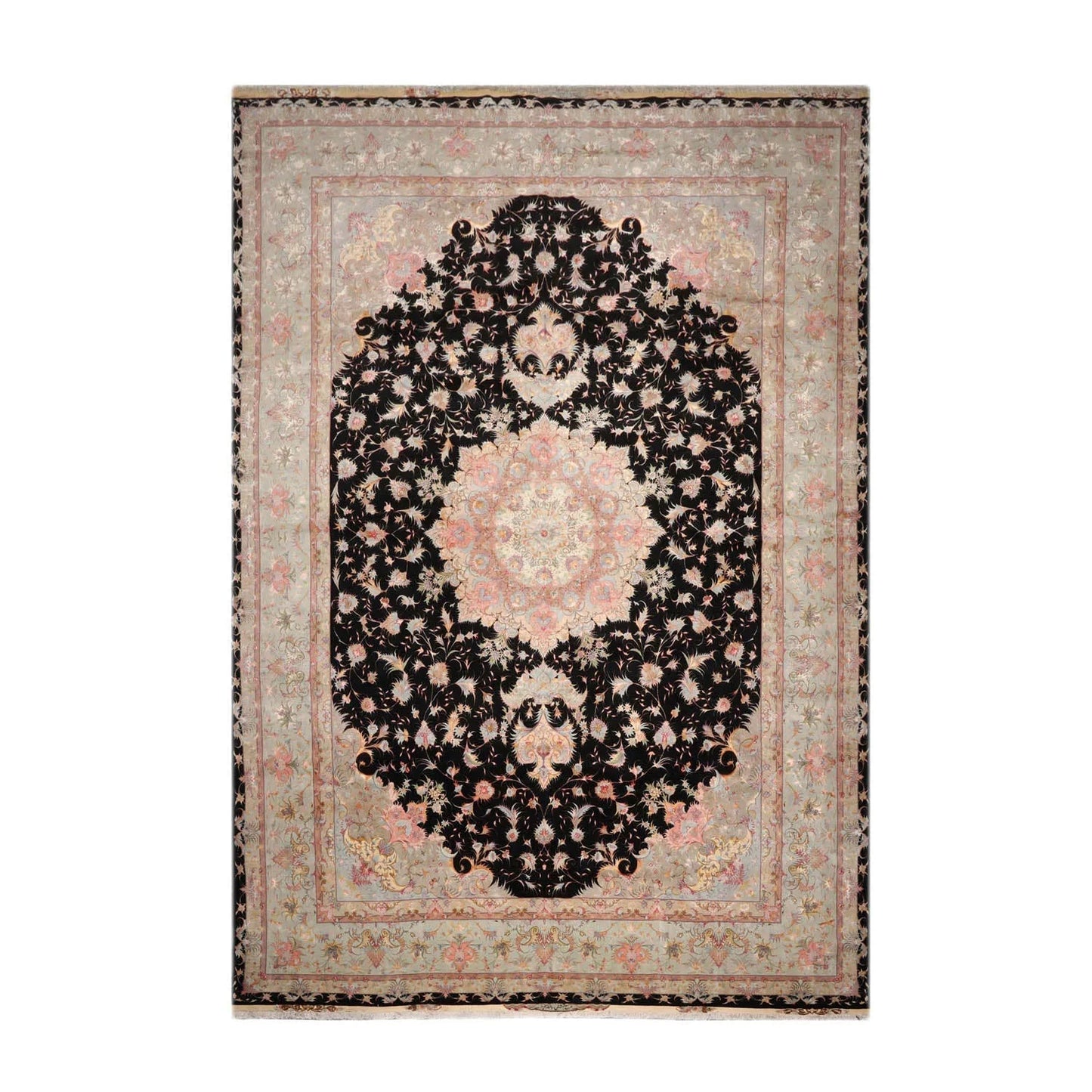 11' 6''x16' 10'' Palace Hand Knotted Wool and Silk Tabriz Traditional 400 KPSI Oriental Area Rug Black, Aqua Color-1