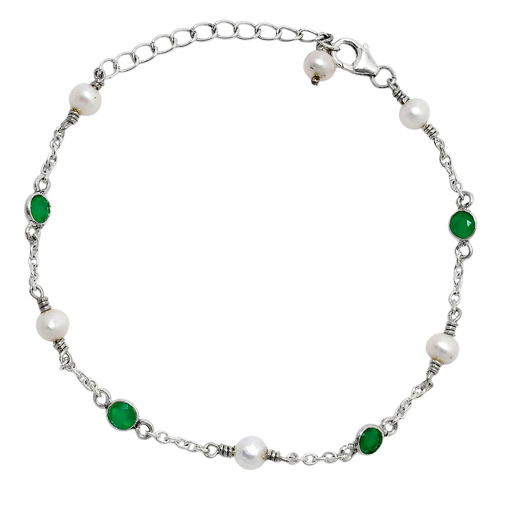 Premium Fresh Water Pearl & Green Onyx 925 Silver Bracelet Jewelry B-1048 AGB1001-0