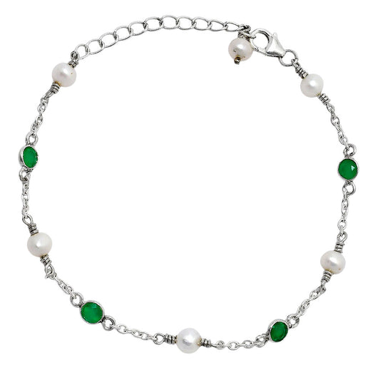 Premium Fresh Water Pearl & Green Onyx 925 Silver Bracelet Jewelry B-1048 AGB1001-0