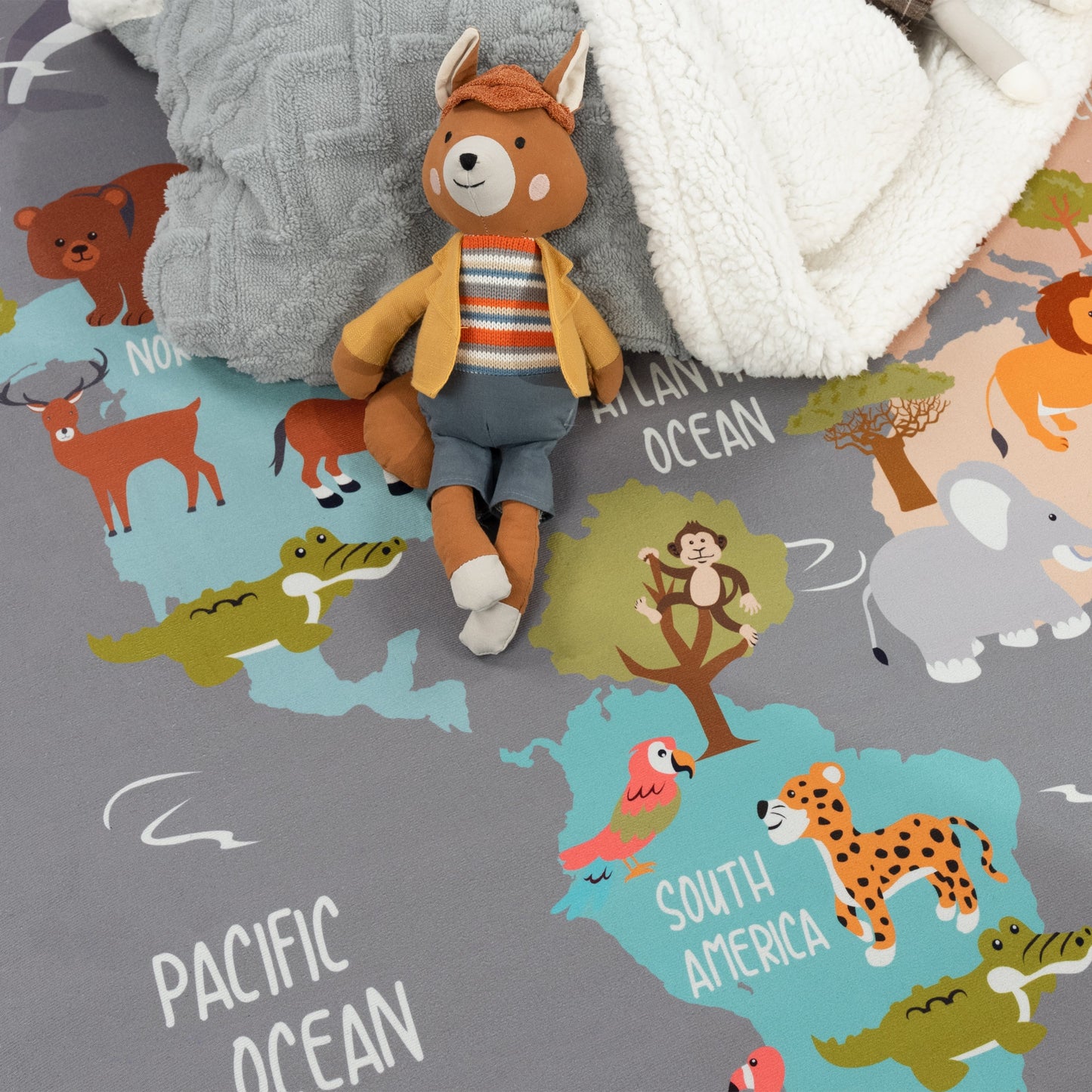 Play Mat Lilo Educational Kids Rug with World Map & Animals in Grey-1