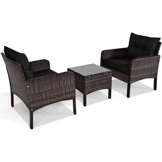 3-Piece Brown PE Rattan Outdoor Dining Patio Furniture Set with Black Cushions-0