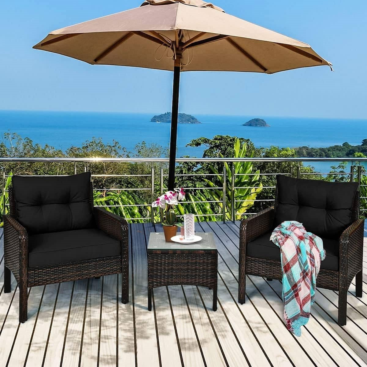 3-Piece Brown PE Rattan Outdoor Dining Patio Furniture Set with Black Cushions-1