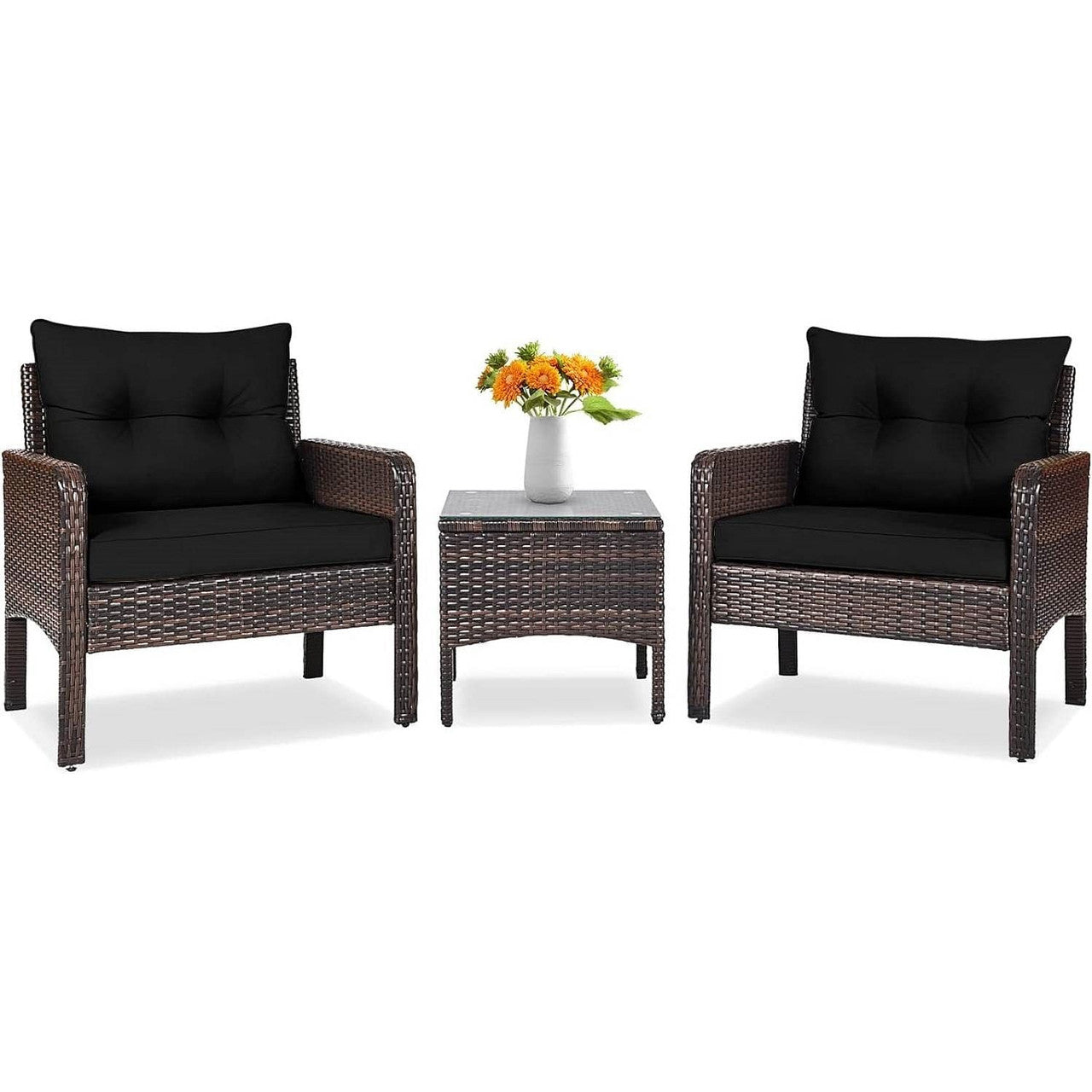 3-Piece Brown PE Rattan Outdoor Dining Patio Furniture Set with Black Cushions-2