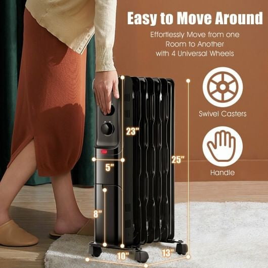 1500W Oil Filled Portable Radiator Space Heater with Adjustable Thermostat-White