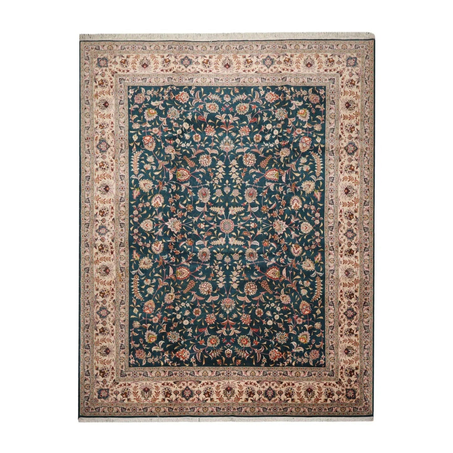10x14 Hand Knotted Wool and Silk Traditional Tabriz 400 KPSI Oriental Area Rug Teal, Beige Color-1